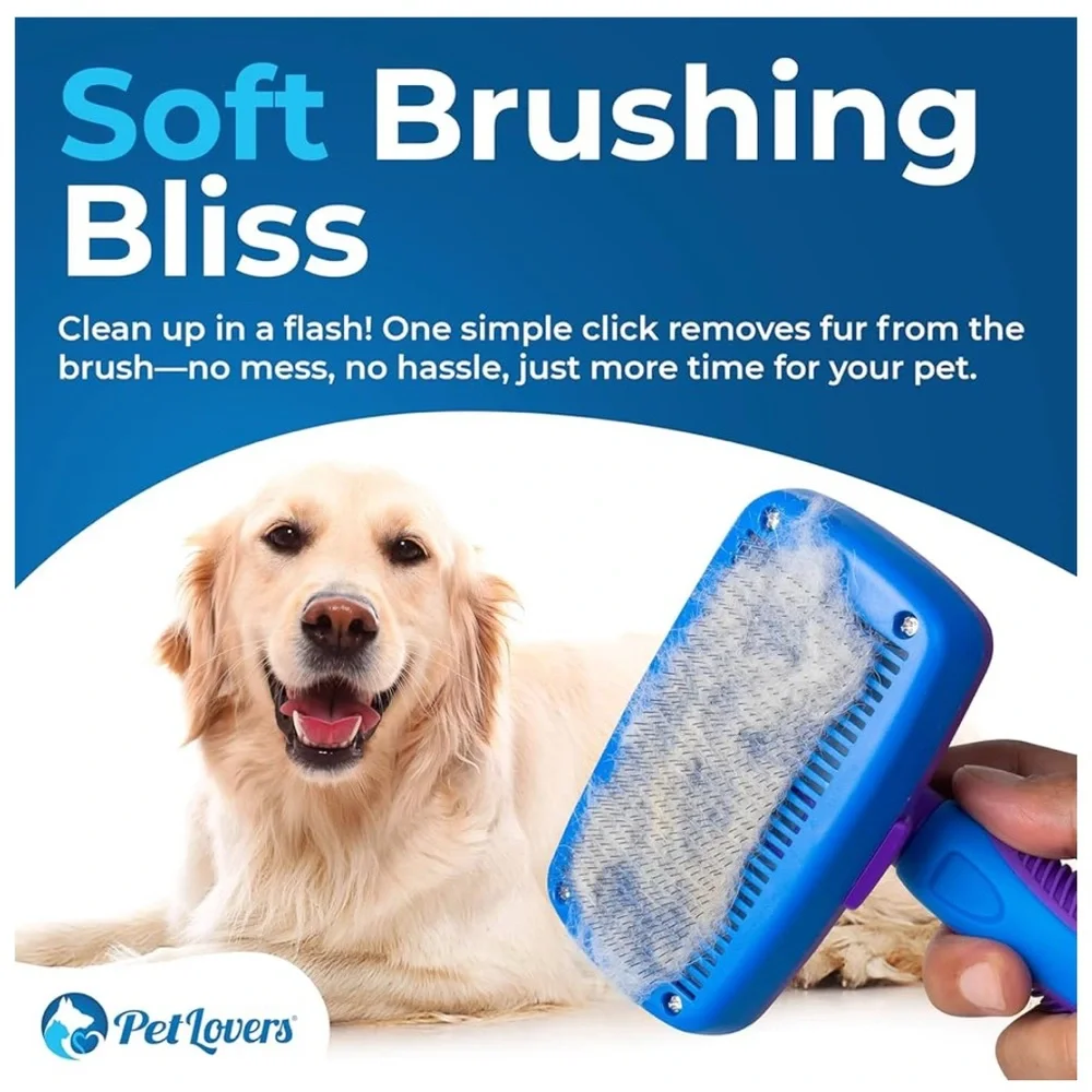 NEW PetLovers EzSlicker Self-Cleaning Brush Dog Cat Shedding Gentle Tangle-Free